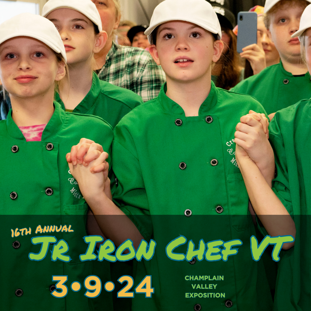 Jr Iron Chef VT - 3/9/24 - Champlain Valley Exposition. Image of young girls holding hands with looks of excitement.