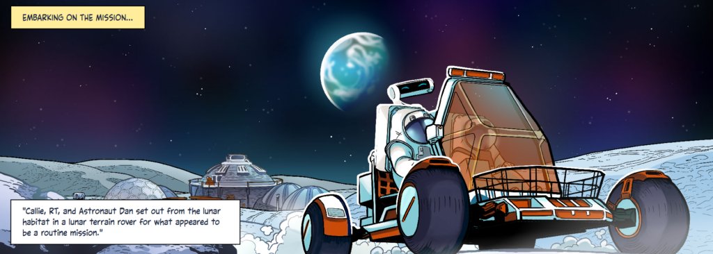 Page from First Woman graphic novel showing a NASA rover on the moon.